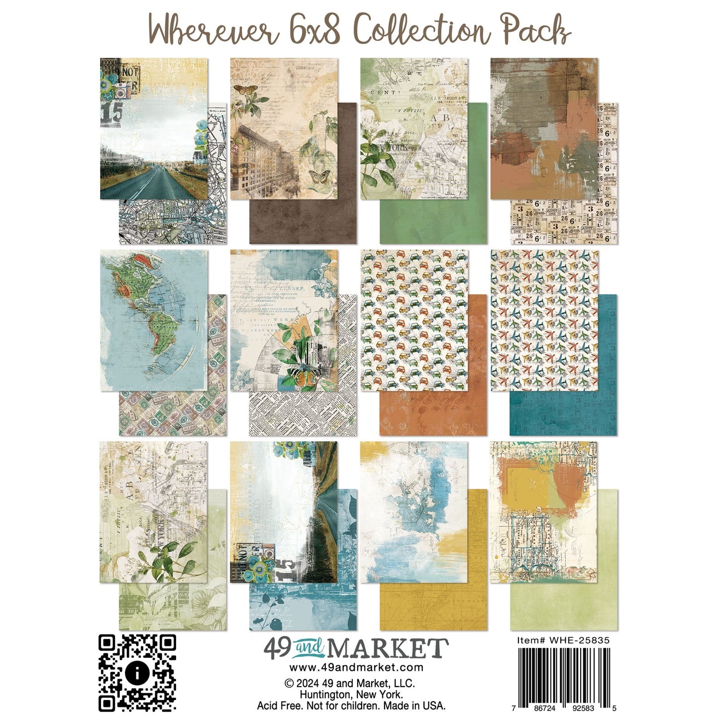 The Turtle Journal - A5 Patterned Paper Pack Wherever 49 and Market - Travel Journal Double Sided - foliage infused, ticketed, newsprint, transport and open road prints with soft blues, rich earthy browns, creams, greens, vintage.