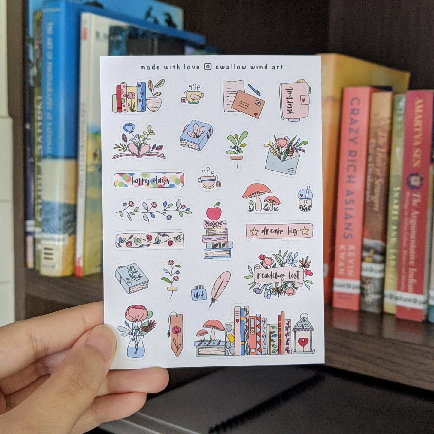 Flowers & Books Bullet Journal Stickers Sheet - Swallow Wind Art