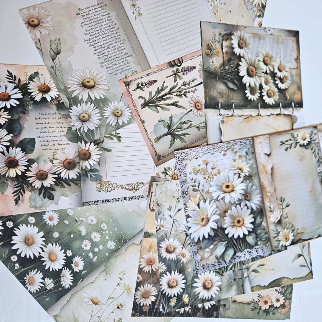A5 Daisy Chains Patterned Paper Pack (12 sheets)-A5 Daisy Chains Patterned Paper Pack (12 sheets) - The Turtle Journal Vintage Inspired Journaling-Rachel The Turtle Journal