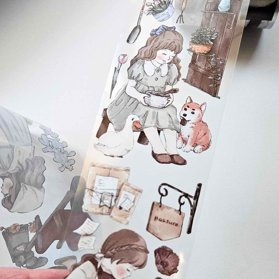 The Turtle Journal - Farm Girl PET Sticker Tape Roll - Wheelbarrow Farming Baby Animals Little Girl Countryside Warm Browns Greens Outdoor Outback Washi Tape Australian Adelaide Ducks Lambs Flowers