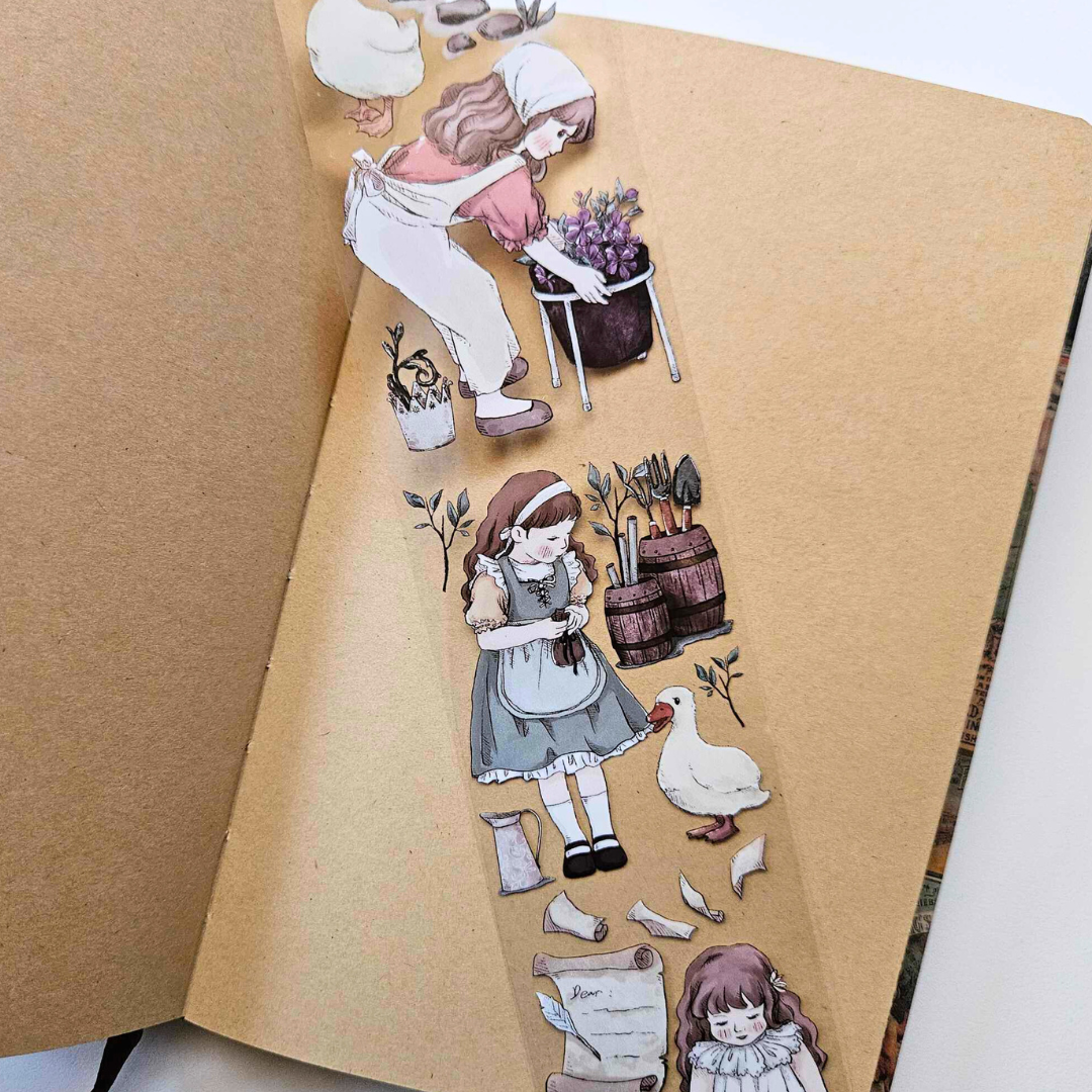 The Turtle Journal - Farm Girl PET Sticker Tape Roll - Wheelbarrow Farming Baby Animals Little Girl Countryside Warm Browns Greens Outdoor Outback Washi Tape Australian Adelaide Ducks Lambs Flowers