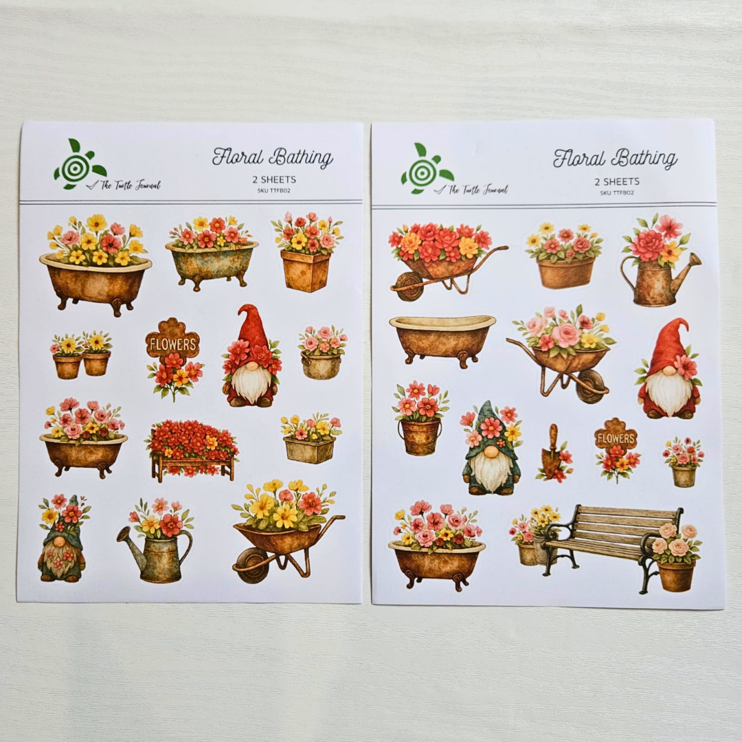 Floral Bathing Matte Sticker Set (2 sheets) - The Turtle Journal-Floral Bathing Matte Sticker Set (2 sheets) - The Turtle Journal Garden Nature Gnome Journaling-Rachel The Turtle Journal