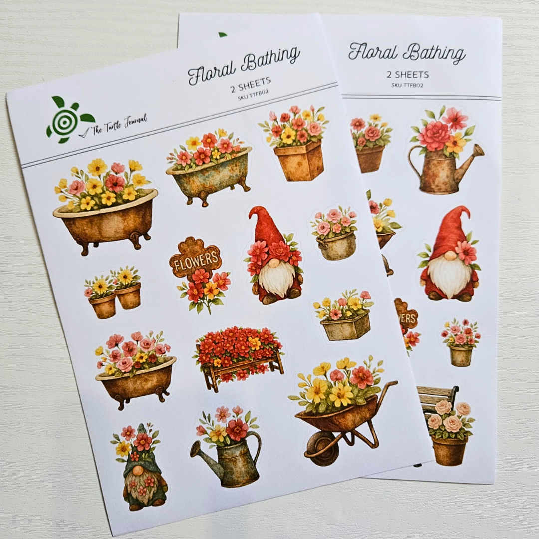Floral Bathing Matte Sticker Set (2 sheets) - The Turtle Journal-Floral Bathing Matte Sticker Set (2 sheets) - The Turtle Journal Garden Nature Gnome Journaling-Rachel The Turtle Journal