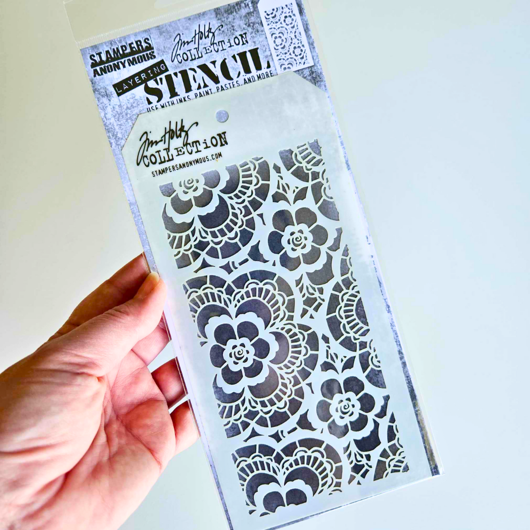 The Turtle Journal - Tim Holtz Stencil Layering Stampers Anonymous Collection Lace Background Distress Ink Accessory Background Art Journaling Australian Stampers