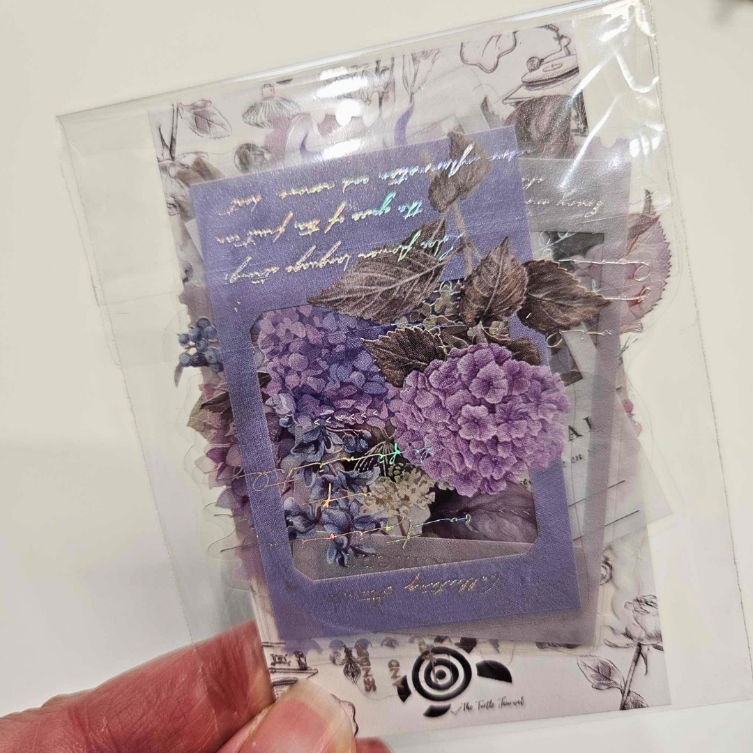 Floral Framed Sticker Set (10 piece)-Lilac Hydrangea-Floral Framed Sticker Set (10 piece) Australian Journaling Supplies Adelaide Stickers Planner Journaling PET Durable Floral Flowers Vintage Purple Brown Pink Blue Grey-Rachel The Turtle Journal