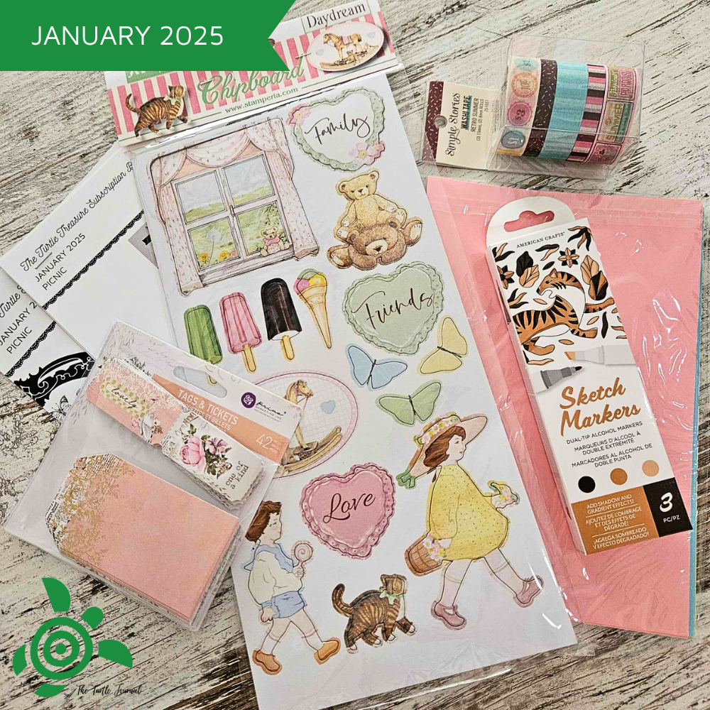 Turtle Treasure Box Subscription-Subscription Box Monthly Craft Mystery Patterned Papers Australia Paper Crafters-Rachel The Turtle Journal