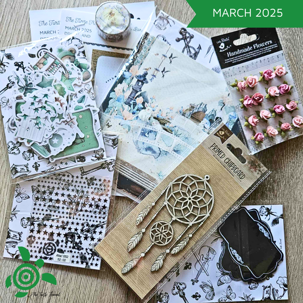 Turtle Treasure Box Subscription-Papers Stickers Subscription Kit Box Monthly Craft Mystery Australia Paper Crafters-Rachel The Turtle Journal