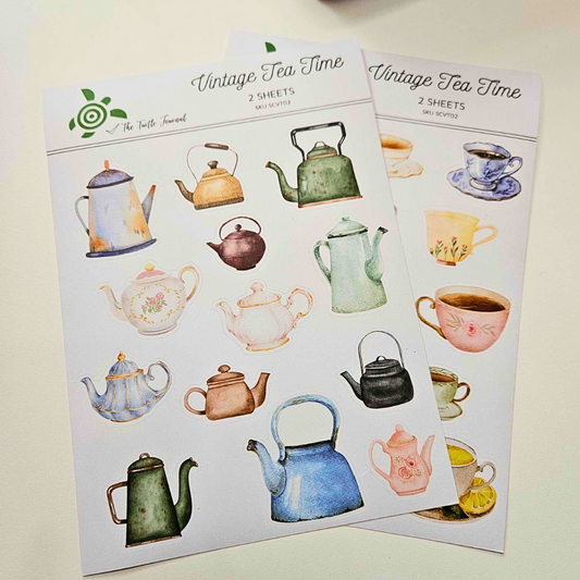 Vintage Tea Time Watercolour Matte Sticker Set (2 sheets) - The Turtle Journal-Rachel The Turtle Journal