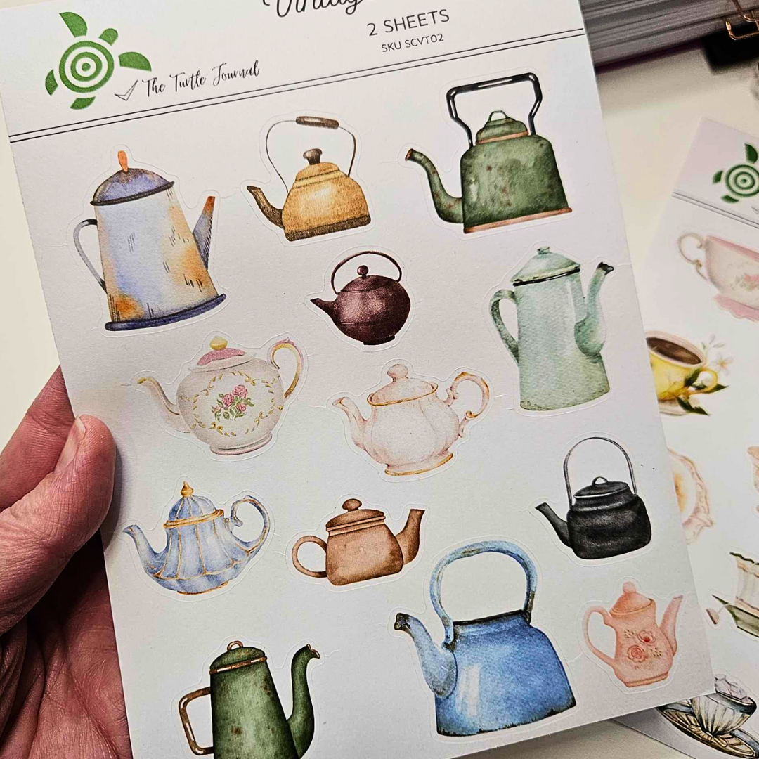 Vintage Tea Time Watercolour Matte Sticker Set (2 sheets) - The Turtle Journal-Rachel The Turtle Journal