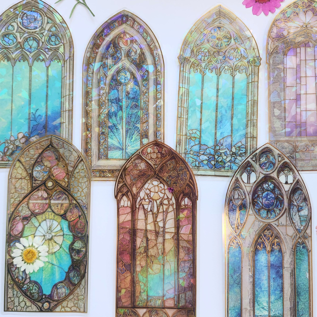Stained Glass Window Sticker Set (5 piece)-Stained Glass Window Sticker Set (5 piece) - The Turtle Journal PET Durable Scrapbooking Journaling Supplies-Rachel The Turtle Journal