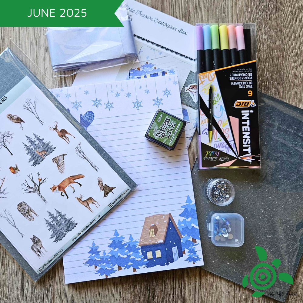 Turtle Treasure Box Subscription-Papers Stickers Subscription Kit Box Monthly Craft Mystery Australia Paper Crafters-Rachel The Turtle Journal