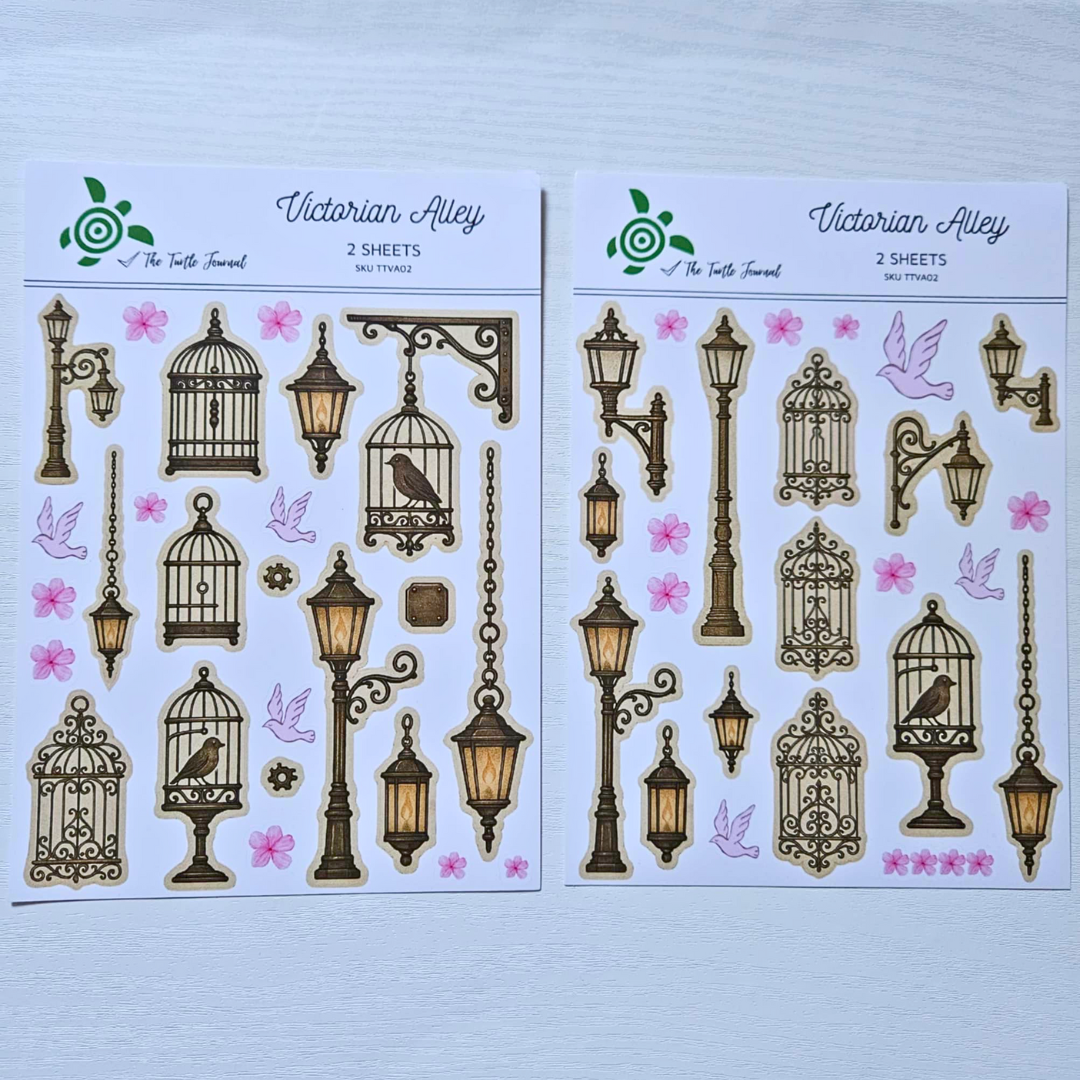 Victorian Alley Matte Sticker Set (2 x A5 Sheets) - The Turtle Journal-Victorian Alley Matte Sticker Set (2 x A5 Sheets) - The Turtle Journal Garden Nature Gnome Journaling-Rachel The Turtle Journal