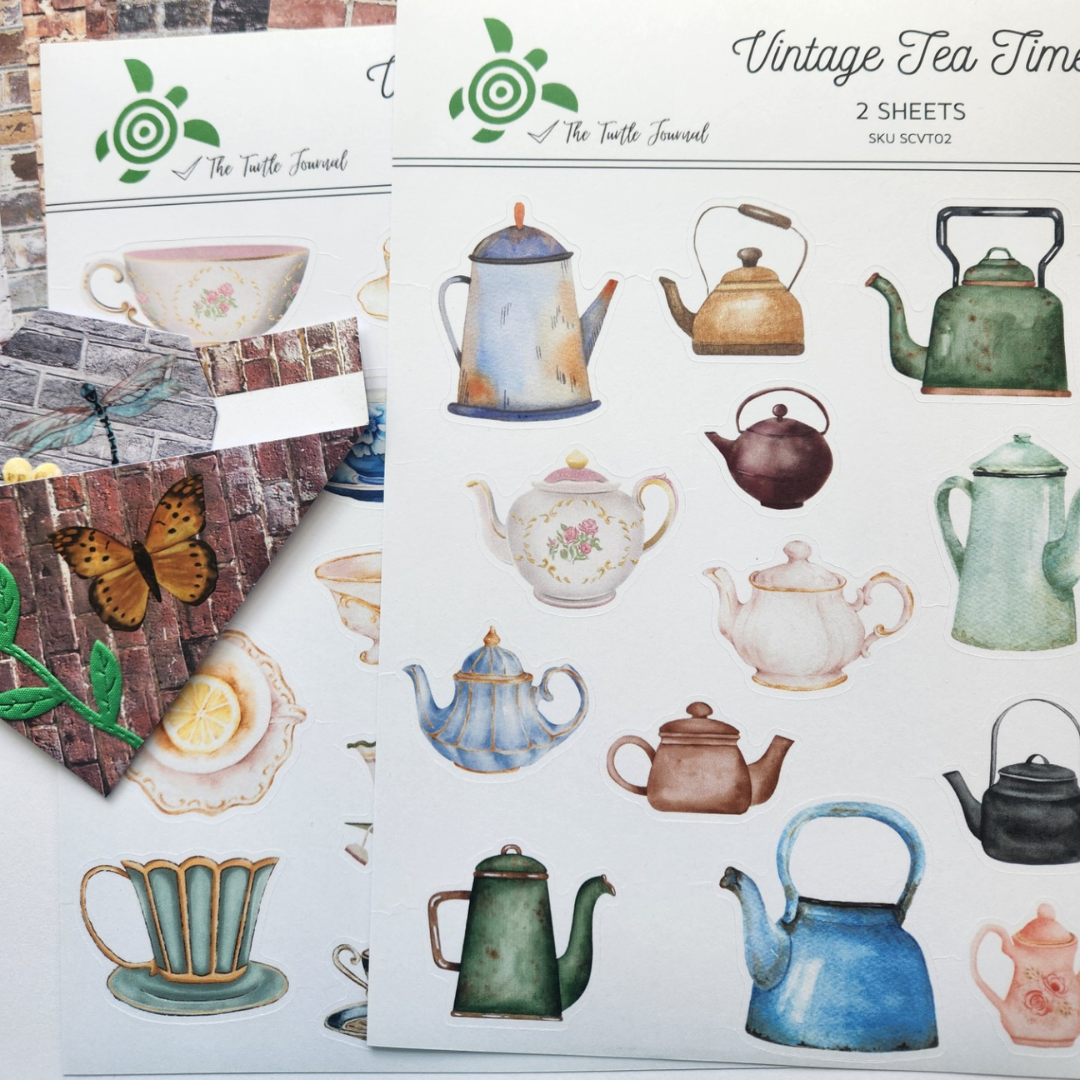 Vintage Tea Time Watercolour Matte Sticker Set (2 sheets) - The Turtle Journal-Vintage Tea Time Watercolour Matte Sticker Set (2 sheets) - The Turtle Journal Journaling Supplies-Rachel The Turtle Journal