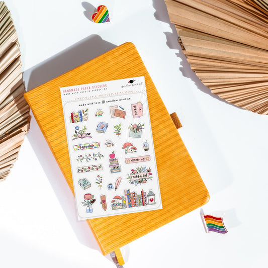 Flowers & Books Bullet Journal Stickers Sheet - Swallow Wind Art