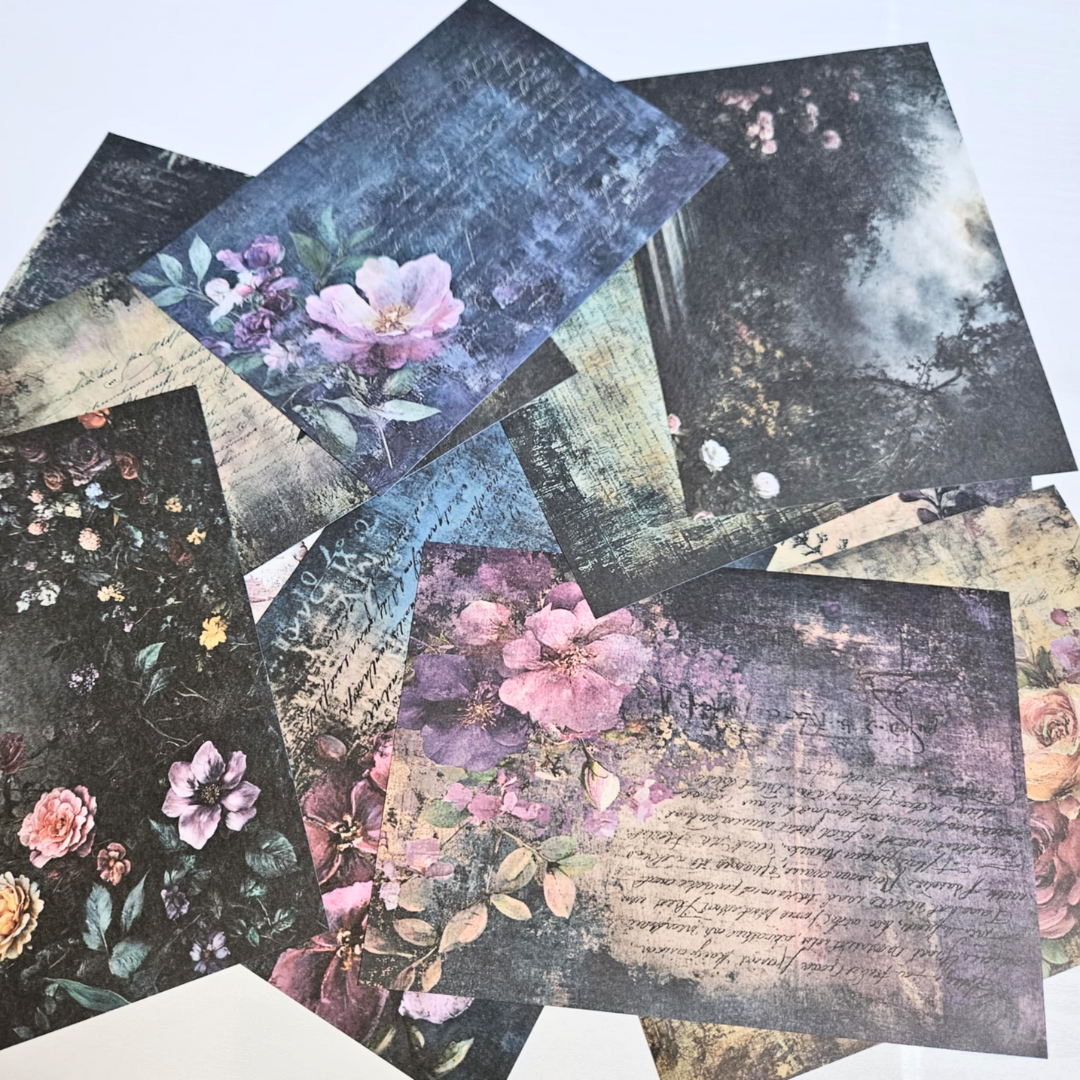 A5 Midnight Graffiti Flowers Patterned Paper Pack (12 sheets)-A5 Midnight Graffiti Flowers Patterned Paper Pack (12 sheets) - The Turtle Journal Vintage Inspired Journaling-Rachel The Turtle Journal