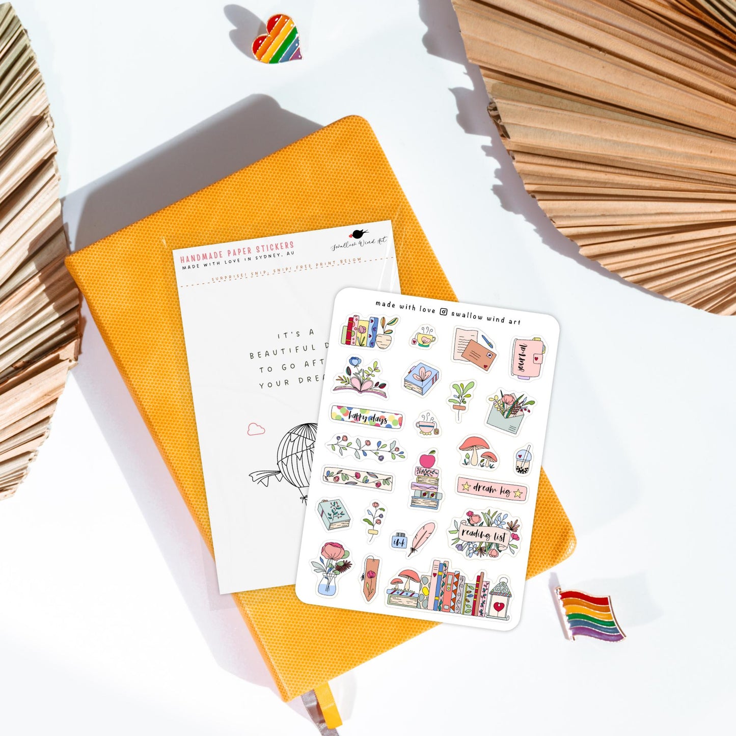 Flowers & Books Bullet Journal Stickers Sheet - Swallow Wind Art