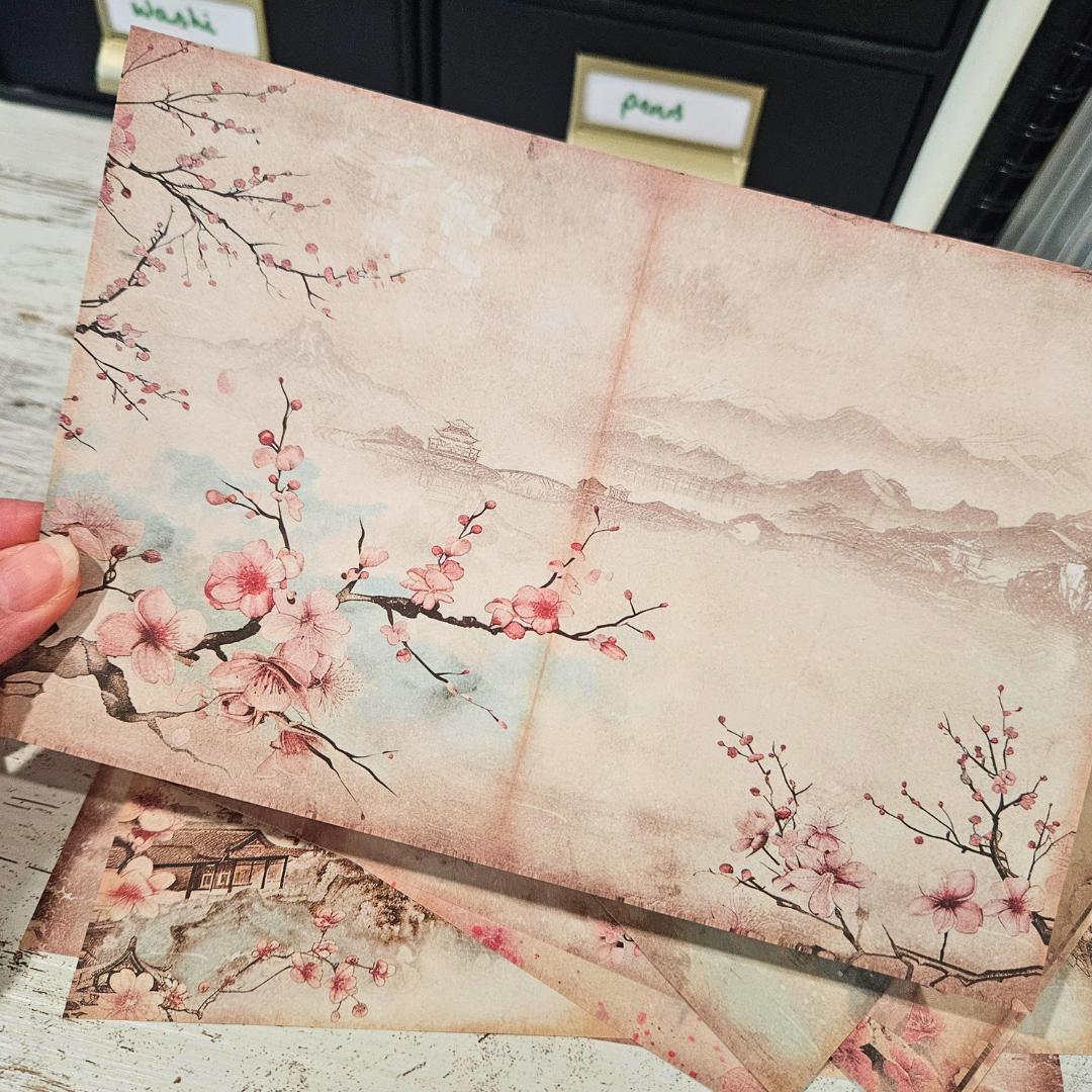 A5 Cherry Blossom Temple Patterned Papers (12 sheets)-A5 Cherry Blossom Temple Patterned Papers (12 sheets) - The Turtle Journal Japanese Stationery-Rachel The Turtle Journal