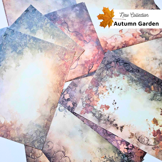 The Turtle Journal - Autumn Fall Garden Patterned Paper Background Patterns Pack - A5 Collection - Maple Leaves, Browns, Greens Paper Pack Crafting