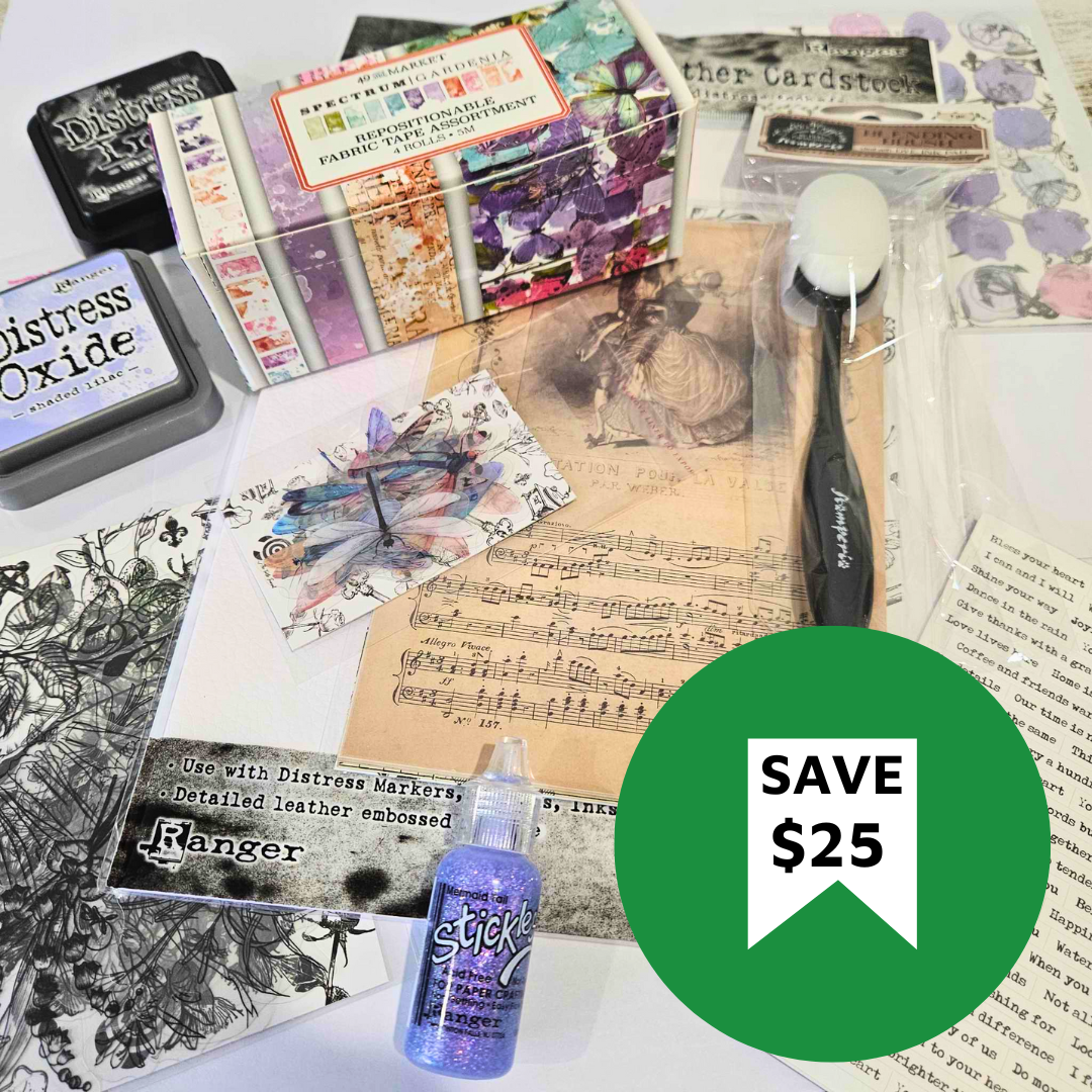 The Turtle Journal Mega Kit Collage Distress Ink Layout Spring Dreams in Lilac A5 journal creative Junk Dragonflies Glitter Glue Stickles Vintage Papers LIVE Class Replay Adelaide based Aussie Paper Crafters Kit Bundle Value SALE
