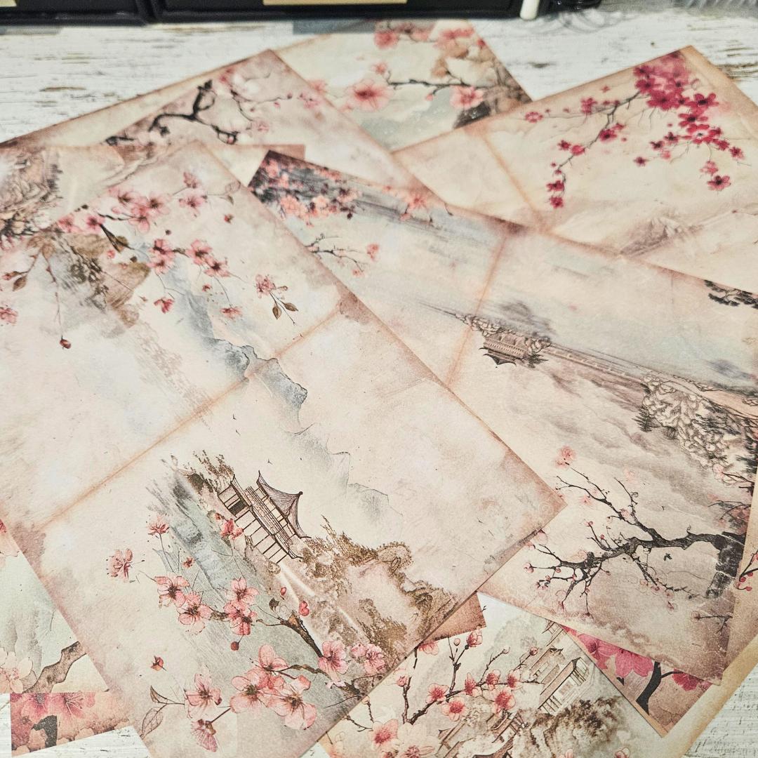A5 Cherry Blossom Temple Patterned Papers (12 sheets)-A5 Cherry Blossom Temple Patterned Papers (12 sheets) - The Turtle Journal Japanese Stationery-Rachel The Turtle Journal