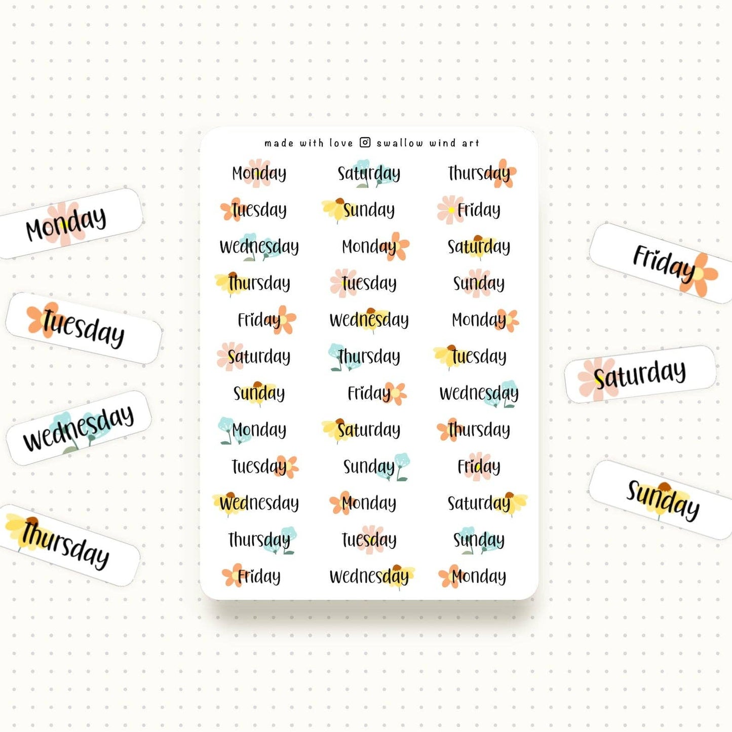Functional Days of the Week Floral Sticker Sheet - Swallow Wind Art