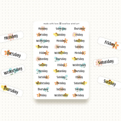 Functional Days of the Week Floral Sticker Sheet - Swallow Wind Art