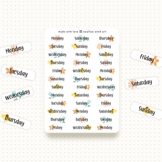 Functional Days of the Week Floral Sticker Sheet - Swallow Wind Art