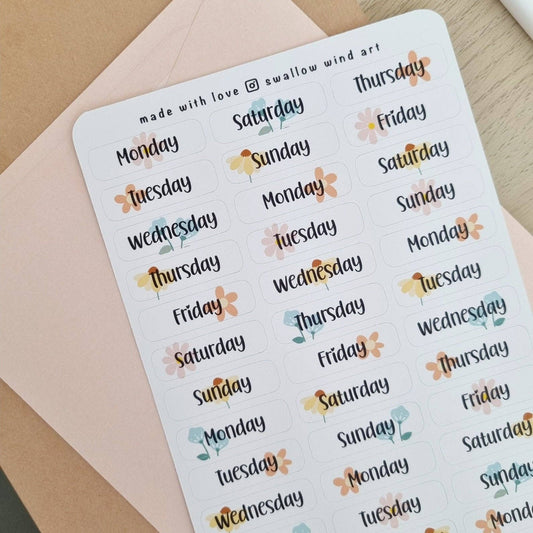 Functional Days of the Week Floral Sticker Sheet - Swallow Wind Art