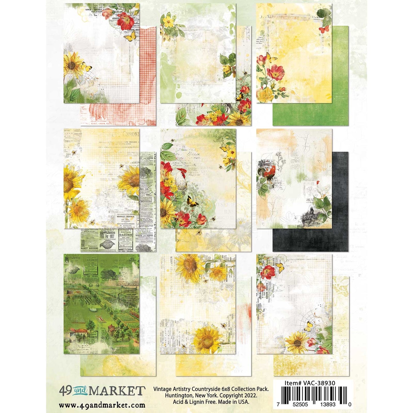 The Turtle Journal Countryside Patterned Papers 49 and Market - Double sided - A5 Vintage Farm Rooster Chicken Floral Field Butterflies - Australian Scrapbooking Supplies