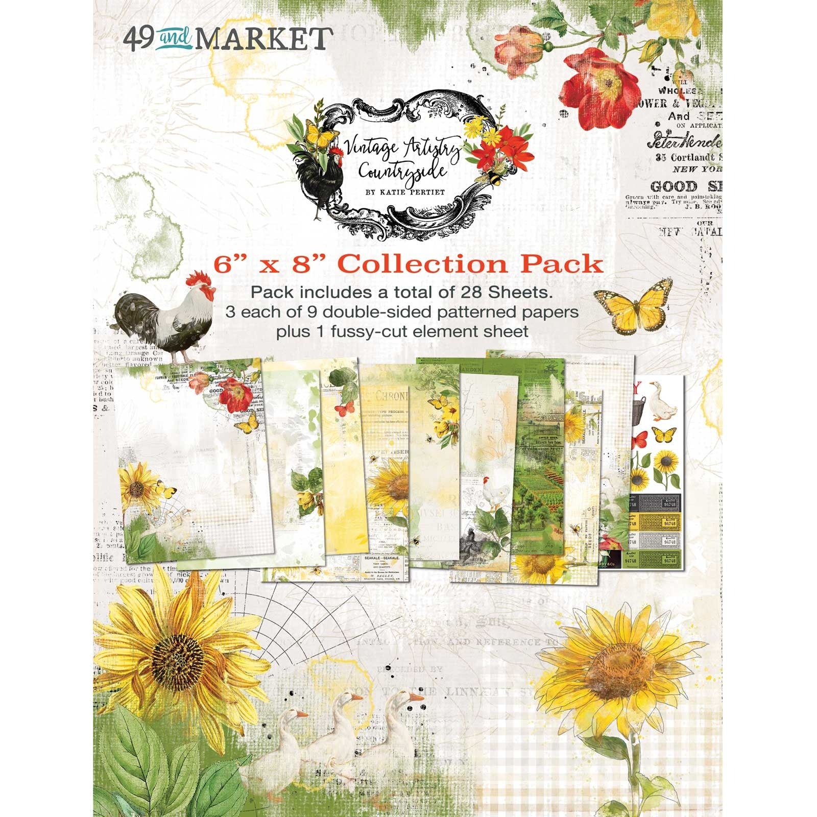 The Turtle Journal Countryside Patterned Papers 49 and Market - Double sided - A5 Vintage Farm Rooster Chicken Floral Field Butterflies - Australian Scrapbooking Supplies