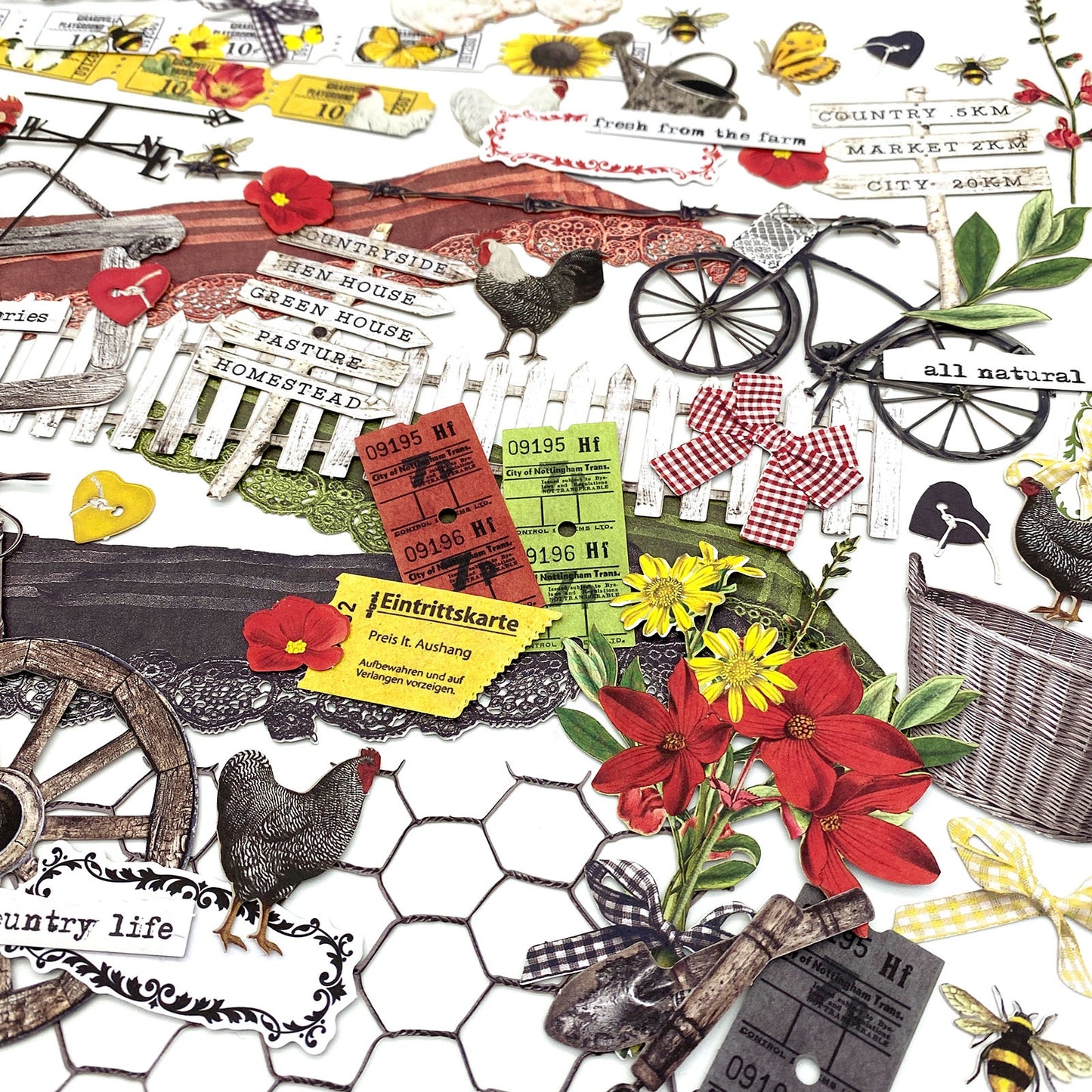 The Turtle Journal - 49 and Market - Assorted Die Cut Cut Out Pieces Bundle Embellishment - Countryside Rooster Farm Bees Sunflower Field Vintage - Australian Supplier Scrapbooking