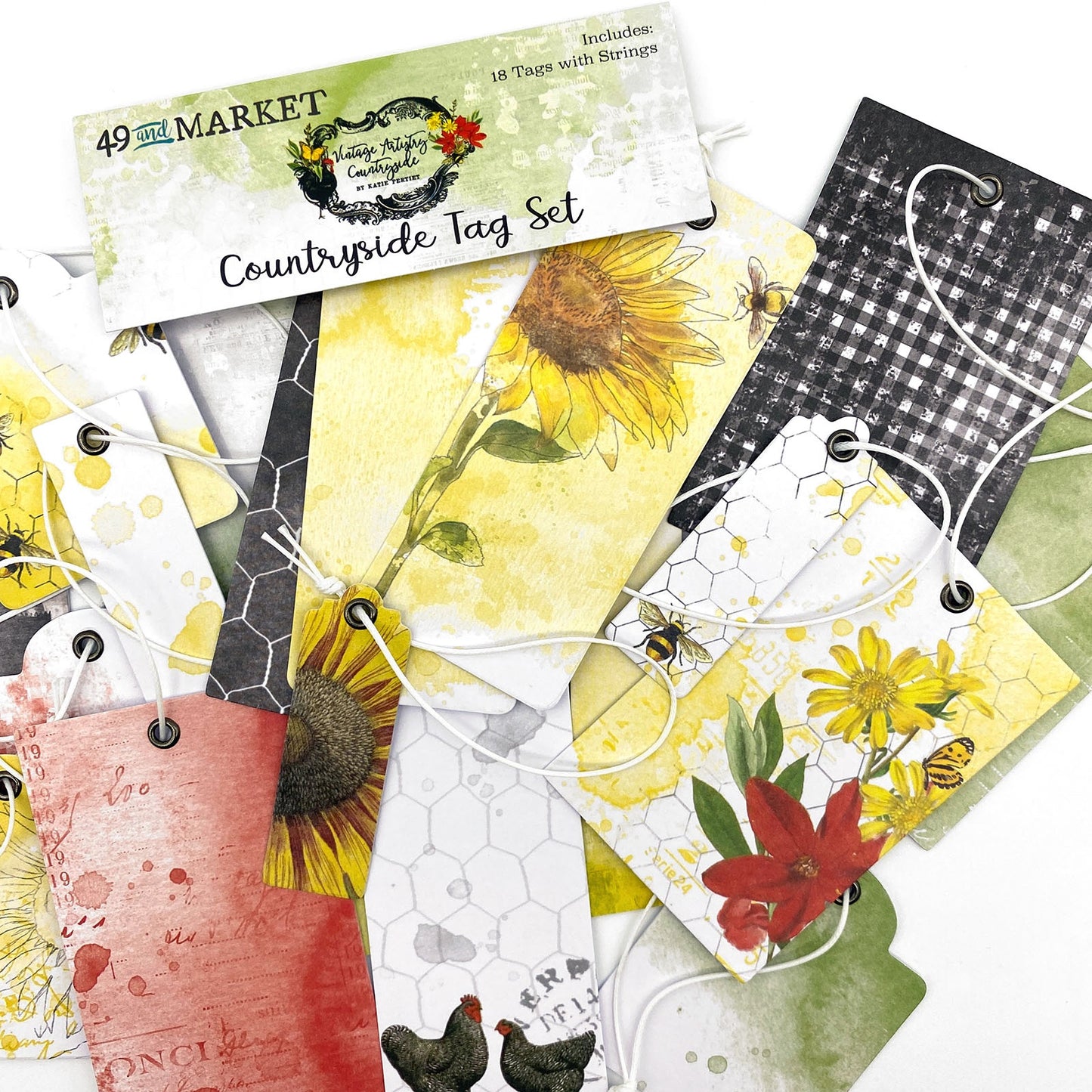 The Turtle Journal - 49 and Market - Assorted Tag Set Cardstock Eyelets String Gift Scrapbook Embellishment - Countryside Rooster Farm Bees Sunflower Field Vintage - Australian Supplier Scrapbooking