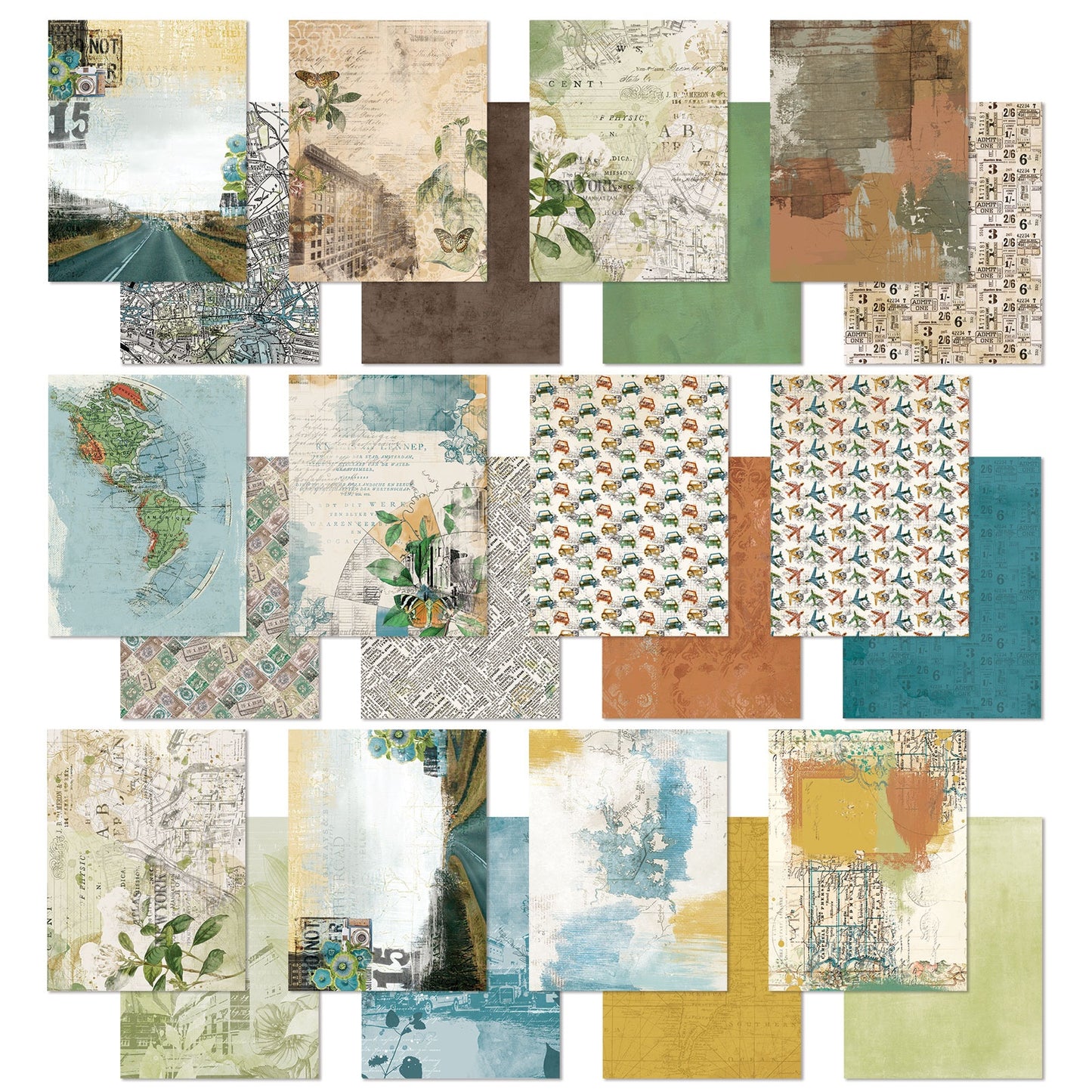 The Turtle Journal - A5 Patterned Paper Pack Wherever 49 and Market - Travel Journal Double Sided - foliage infused, ticketed, newsprint, transport and open road prints with soft blues, rich earthy browns, creams, greens, vintage.