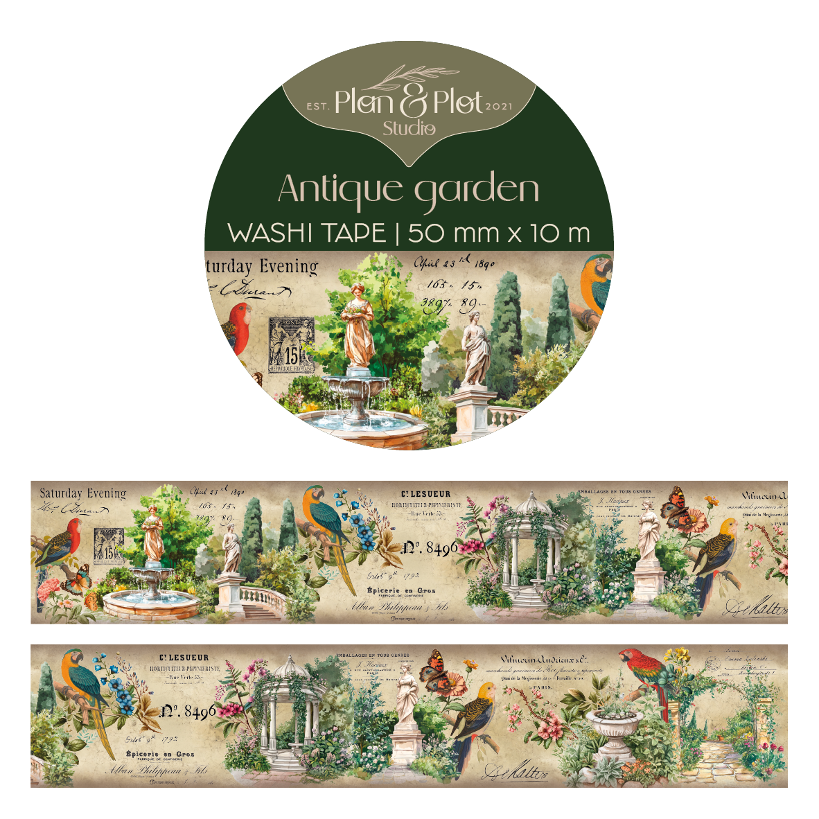 Antique Garden Wide Washi Tape Roll (10m long) Plan and Plot Studio