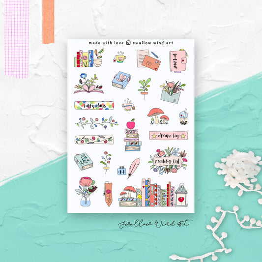 Flowers & Books Bullet Journal Stickers Sheet - Swallow Wind Art