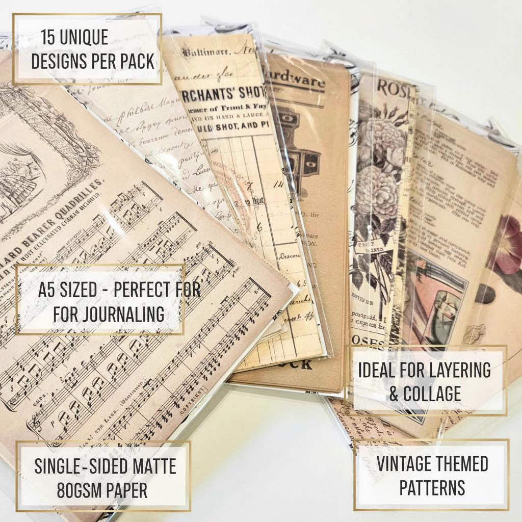 A5 Vintage Patterned Paper Packs (15 pieces)-A5 Patterned Papers Journaling Flowerpedia Floral Vintage Signage Vintage Ledger Broadsheets 15-pack-Rachel The Turtle Journal