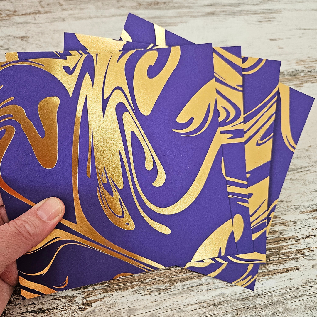 Bazzill Foiled Pattern Marble Cardstock 6 x 6 inch (8 pack)-Purple and Gold-Rachel The Turtle Journal