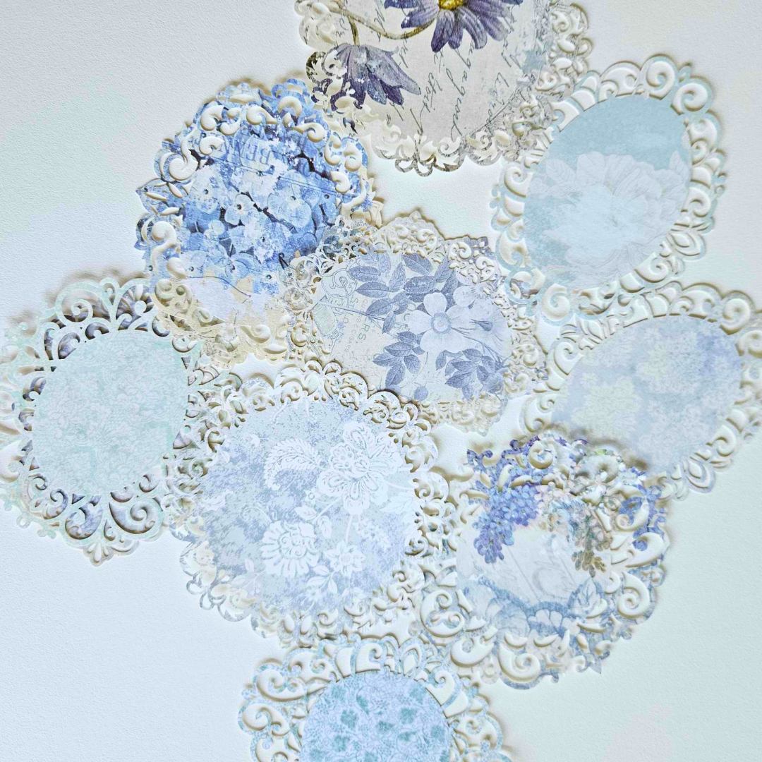 Printed Cardstock Doilies (10 pack) - Rachel The Turtle Journal - Doilies - Printed Diecut Lace Edging Scolloped - Vintage Lavender Lilac Floral Purple Paper Embellishments Bluebells Lace Paper Journaling Embellishment Cardmaking