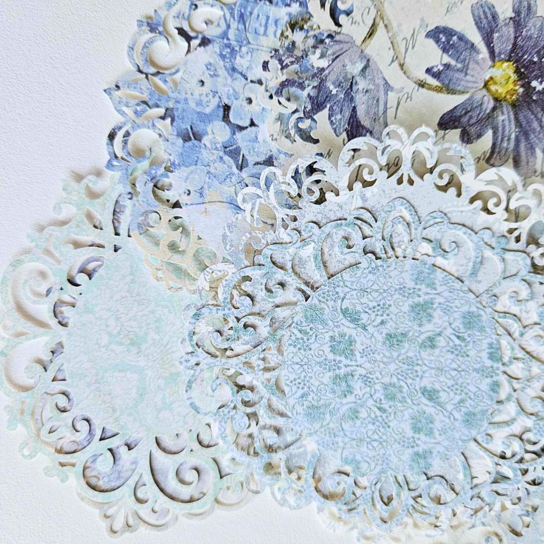 Printed Cardstock Doilies (10 pack) - Rachel The Turtle Journal - Doilies - Printed Diecut Lace Edging Scolloped - Vintage Lavender Lilac Floral Purple Paper Embellishments Bluebells Lace Paper Journaling Embellishment Cardmaking