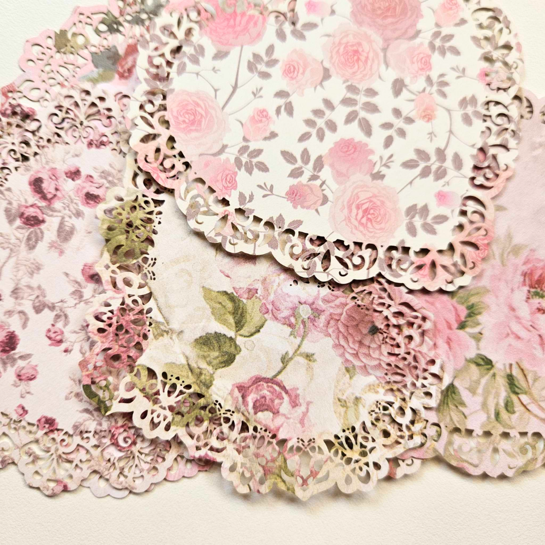 Printed Cardstock Doilies (10 pack) - Rachel The Turtle Journal - Doilies - Printed Diecut Lace Edging Scolloped - Vintage Pink Blush Garden Rose Paper Embellishments