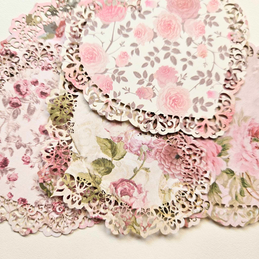 Printed Cardstock Doilies (10 pack) - Rachel The Turtle Journal - Doilies - Printed Diecut Lace Edging Scolloped - Vintage Pink Blush Garden Rose Paper Embellishments