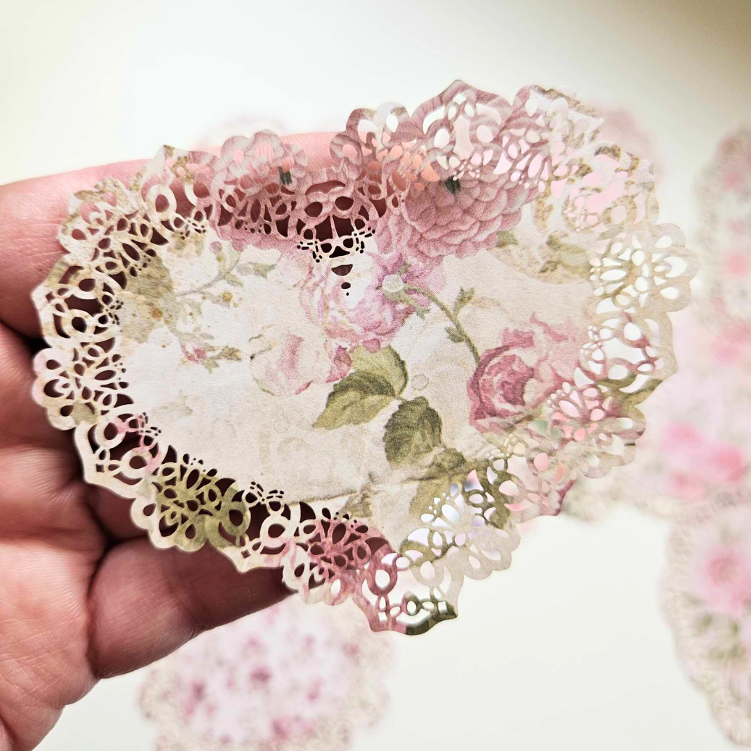 Printed Cardstock Doilies (10 pack) - Rachel The Turtle Journal - Doilies - Printed Diecut Lace Edging Scolloped - Vintage Pink Blush Garden Rose Paper Embellishments