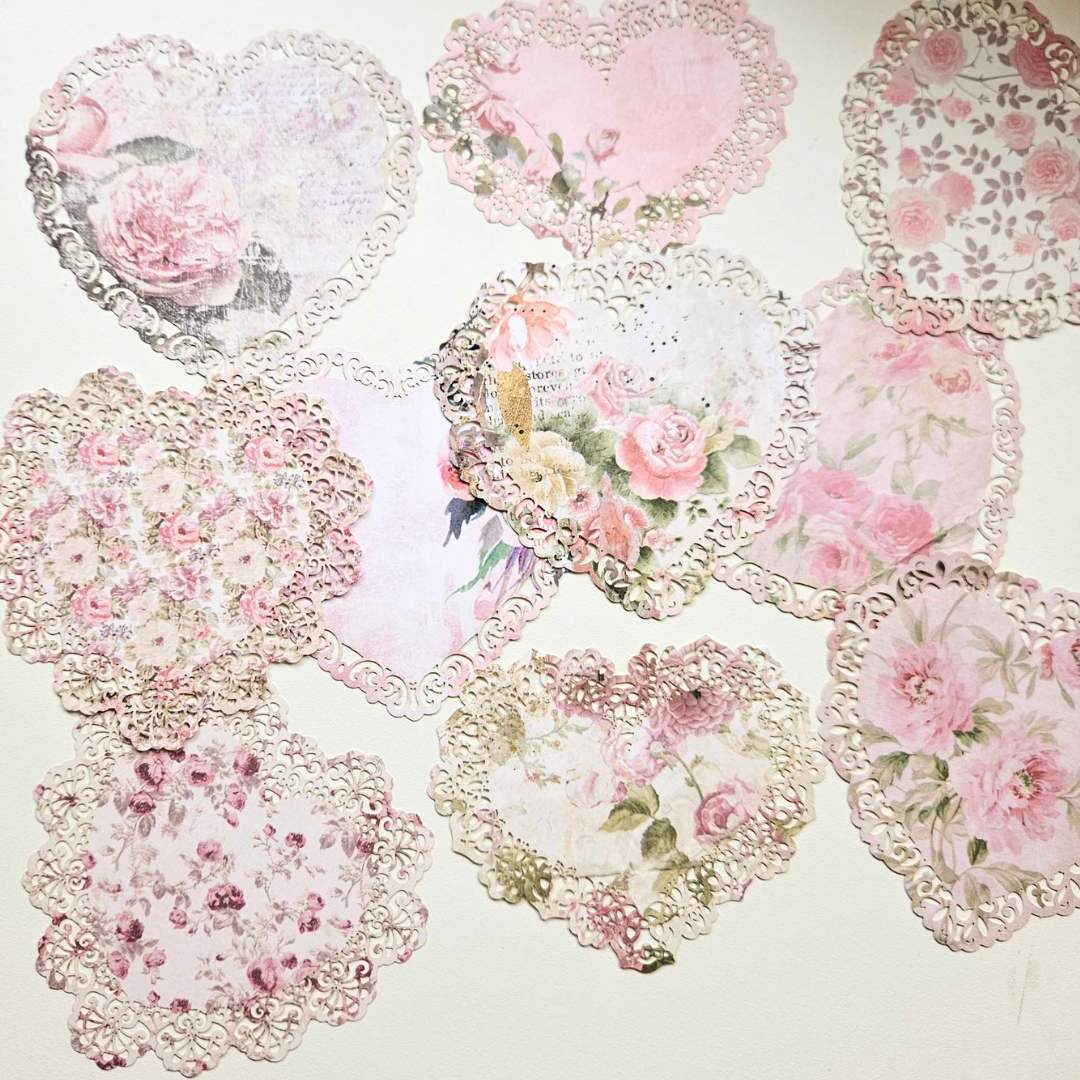 Printed Cardstock Doilies (10 pack) - Rachel The Turtle Journal - Doilies - Printed Diecut Lace Edging Scolloped - Vintage Pink Blush Garden Rose Paper Embellishments