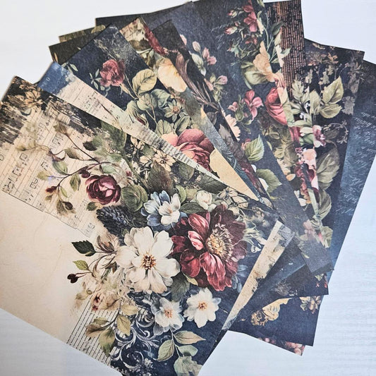 A5 Burgundy Petals Patterned Paper Pack (12 sheets)-A5 Burgundy Petals Patterned Paper Pack (12 sheets) - The Turtle Journal Vintage Inspired Journaling-Rachel The Turtle Journal