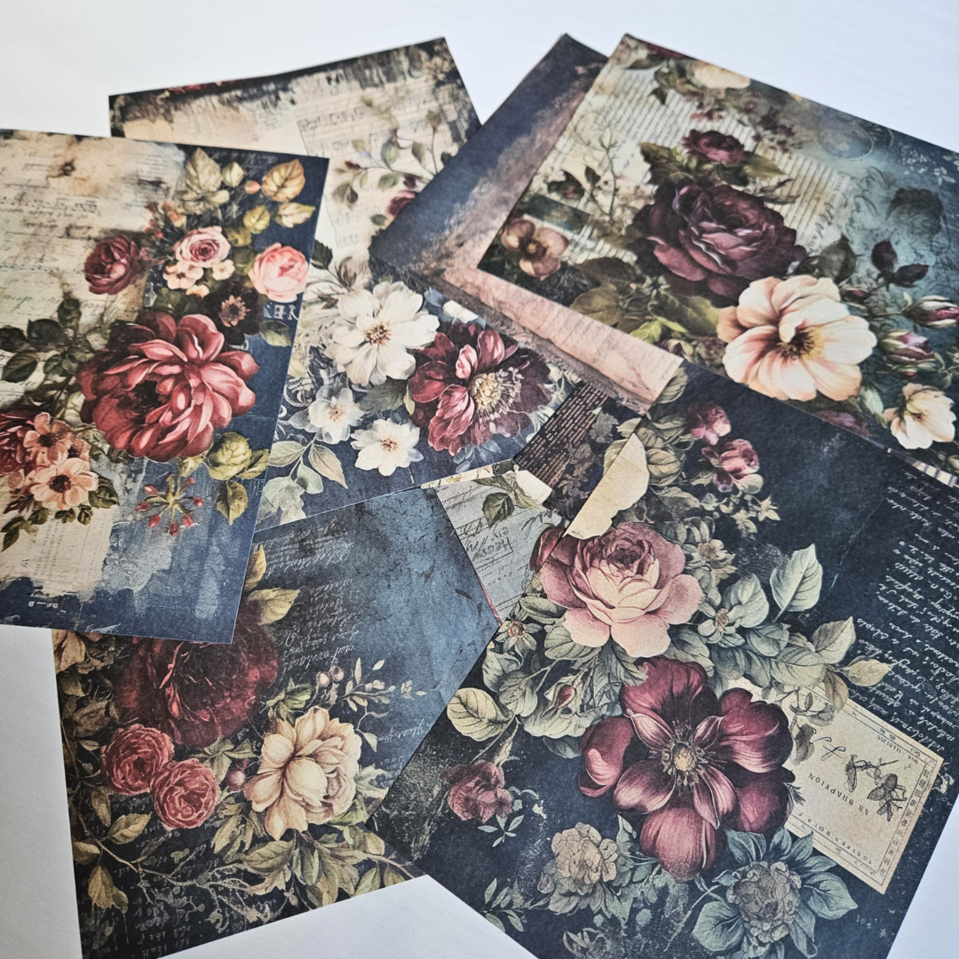A5 Burgundy Petals Patterned Paper Pack (12 sheets)-A5 Burgundy Petals Patterned Paper Pack (12 sheets) - The Turtle Journal Vintage Inspired Journaling-Rachel The Turtle Journal