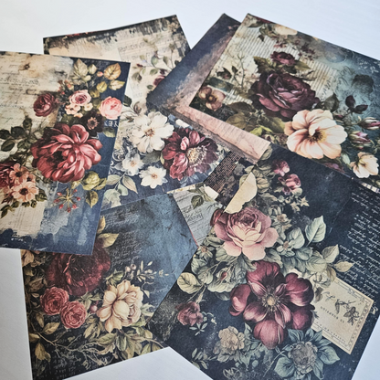 A5 Burgundy Petals Patterned Paper Pack (12 sheets)-A5 Burgundy Petals Patterned Paper Pack (12 sheets) - The Turtle Journal Vintage Inspired Journaling-Rachel The Turtle Journal
