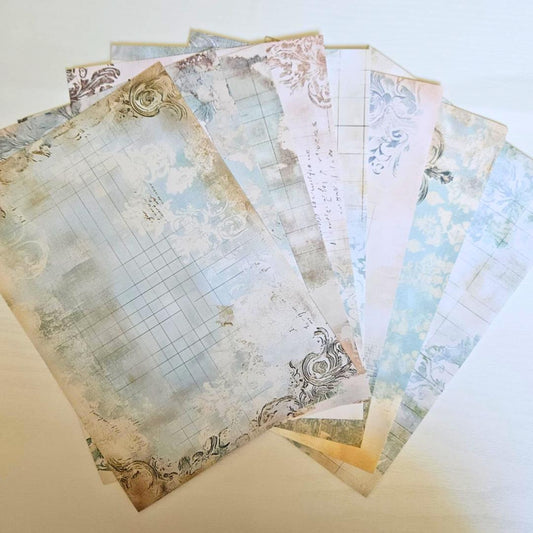 A5 French Blue Patterned Paper Pack (8 sheets)-A5 French Blue Patterned Paper Pack (8 sheets) - The Turtle Journal Vintage Inspired Journaling-Rachel The Turtle Journal