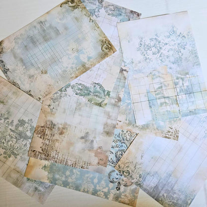 A5 French Blue Patterned Paper Pack (8 sheets)-A5 French Blue Patterned Paper Pack (8 sheets) - The Turtle Journal Vintage Inspired Journaling-Rachel The Turtle Journal
