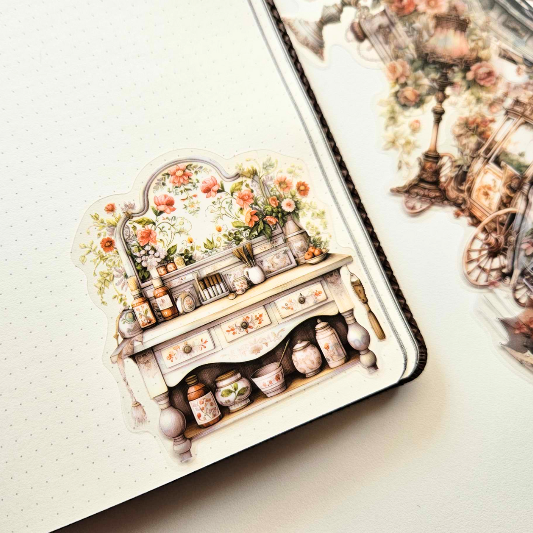 The Turtle Journal - Royal Carriage Life PET Sticker Sets - Cottage Garden Floral Homespun Bridgerton Downton Abbey Coach Floral Typewriter - Scrapooking Journaling Cardmaking Sticker Set