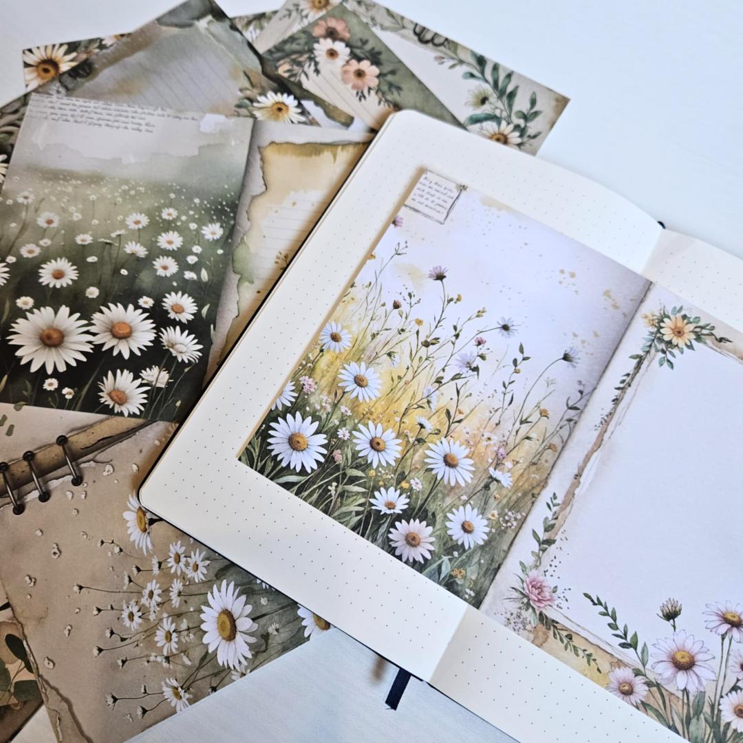 A5 Daisy Chains Patterned Paper Pack (12 sheets)-A5 Daisy Chains Patterned Paper Pack (12 sheets) - The Turtle Journal Vintage Inspired Journaling-Rachel The Turtle Journal
